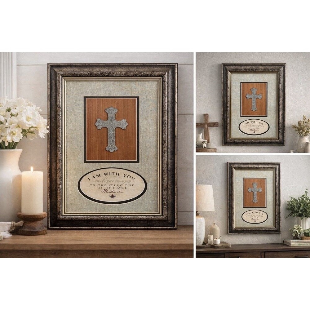 Religious Framed Wall Art – Cross & Matthew 28:20 Scripture – Rustic Christian